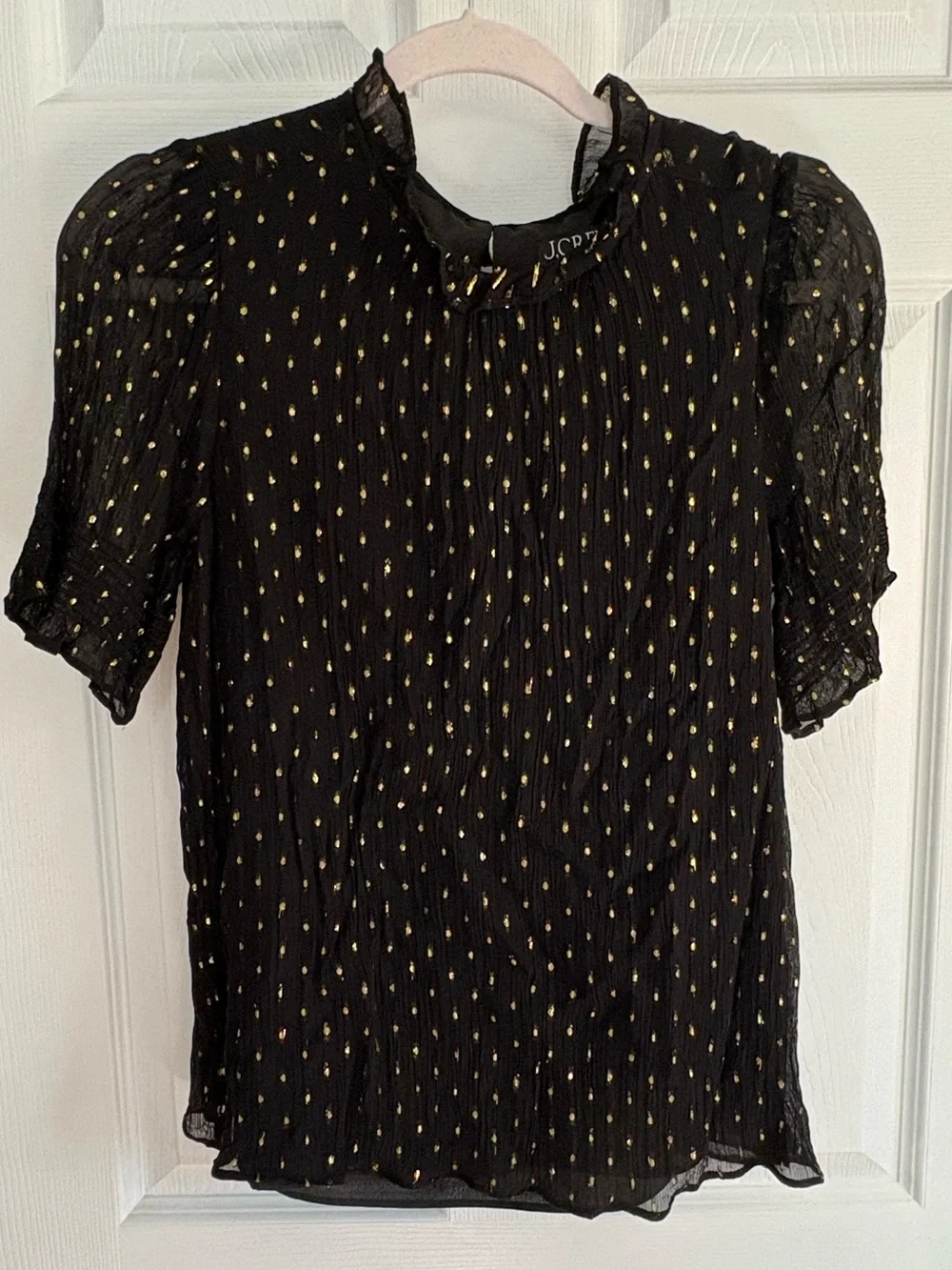 J. Crew Black Blouse with Gold Metallic Dots